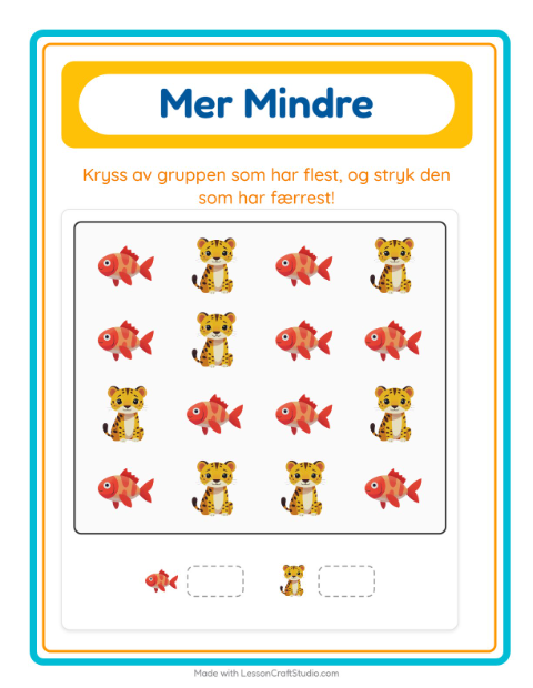 Forhåndsvisning av Mer Eller Mindre-arbeidsark med Dyr for Barnehage (3-5 år)