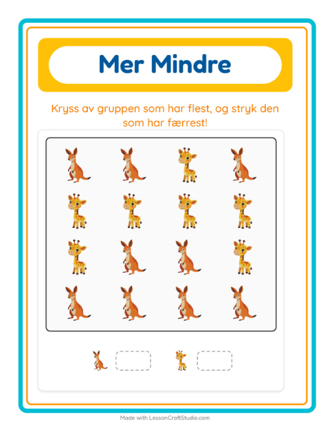 Forhåndsvisning av Mer Eller Mindre-arbeidsark med Dyrehagedyr for Barnehage (3-5 år)