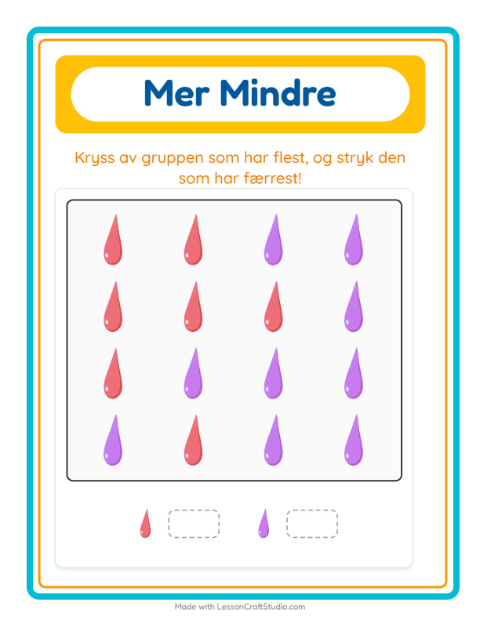 Forhåndsvisning av Mer Eller Mindre-arbeidsark med Farger for Barnehage (3-5 år)