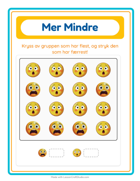 Forhåndsvisning av Mer Eller Mindre-arbeidsark med Følelser for Barnehage (3-5 år)