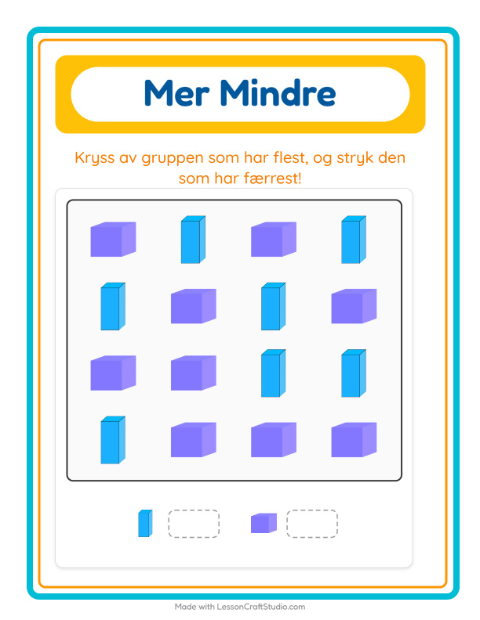 Forhåndsvisning av Mer Eller Mindre-arbeidsark med Former for Barnehage (3-5 år)