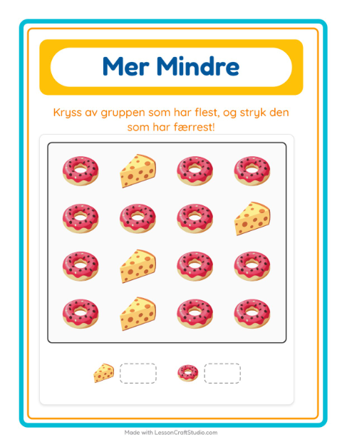 Forhåndsvisning av Mer Eller Mindre-arbeidsark med Frokost for Barnehage (3-5 år)