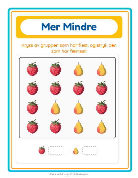 Forhåndsvisning av Mer Eller Mindre-arbeidsark med Frukter for Barnehage (3-5 år)