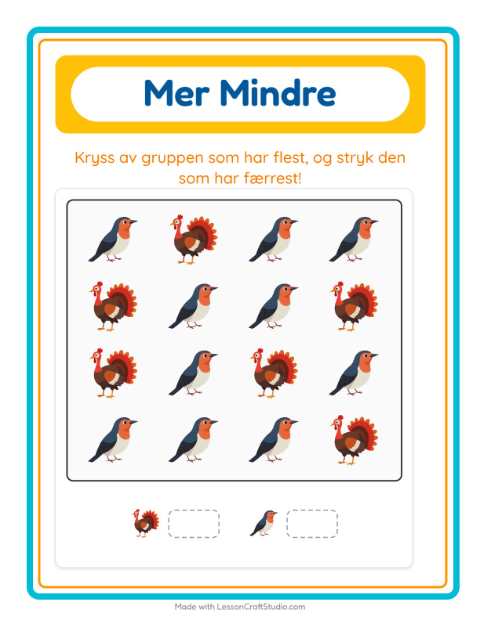 Forhåndsvisning av Mer Eller Mindre-arbeidsark med Fugler 2 for Barnehage (3-5 år)