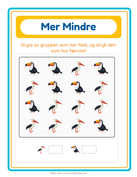 Forhåndsvisning av Mer Eller Mindre-arbeidsark med Fugler for Barnehage (3-5 år)