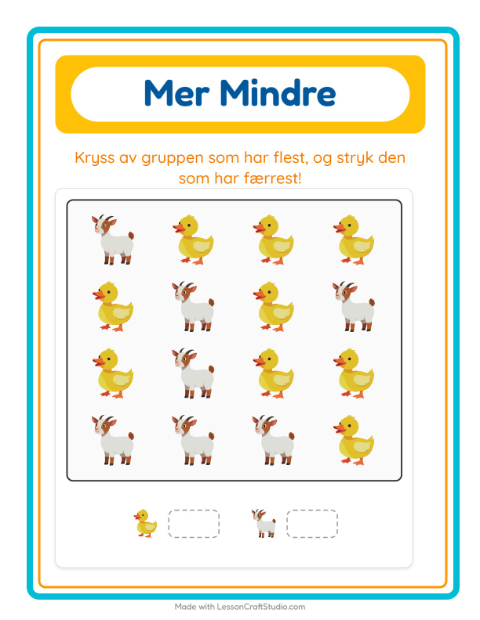 Forhåndsvisning av Mer Eller Mindre-arbeidsark med Gårdsdyr for Barnehage (3-5 år)