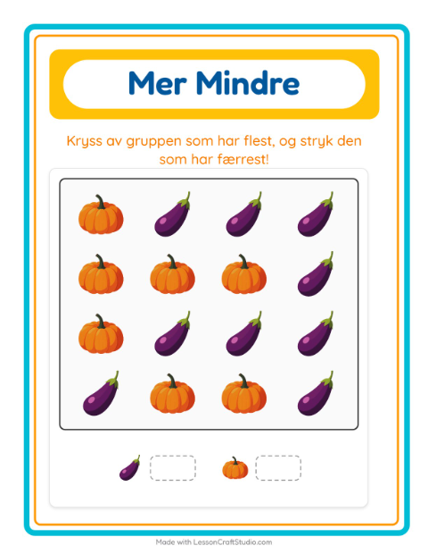 Forhåndsvisning av Mer Eller Mindre-arbeidsark med Grønnsaker for Barnehage (3-5 år)