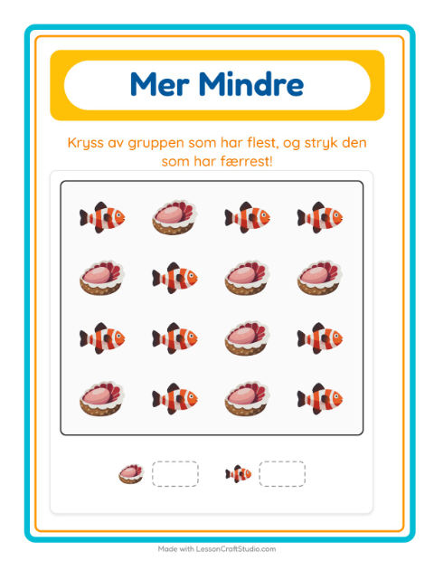 Forhåndsvisning av Mer Eller Mindre-arbeidsark med Havliv for Barnehage (3-5 år)