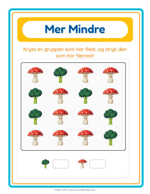 Forhåndsvisning av Mer Eller Mindre-arbeidsark med I supermarkedet for Barnehage (3-5 år)
