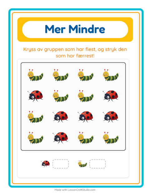 Forhåndsvisning av Mer Eller Mindre-arbeidsark med Insekter og kryp for Barnehage (3-5 år)