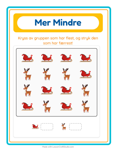 Forhåndsvisning av Mer Eller Mindre-arbeidsark med Jul for Barnehage (3-5 år)