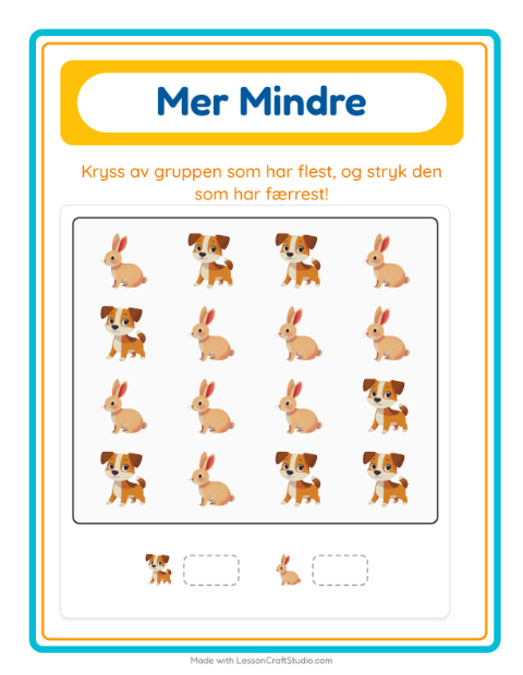 Forhåndsvisning av Mer Eller Mindre-arbeidsark med Kjæledyr for Barnehage (3-5 år)