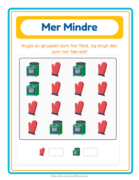 Forhåndsvisning av Mer Eller Mindre-arbeidsark med Kjøkkenredskaper for Barnehage (3-5 år)