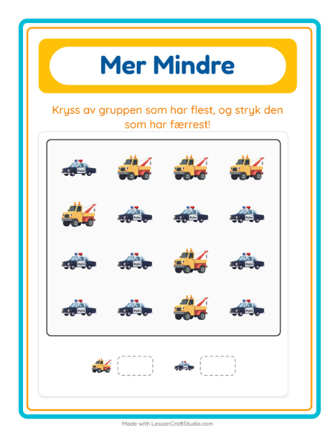 Forhåndsvisning av Mer Eller Mindre-arbeidsark med Kjøretøy for Barnehage (3-5 år)