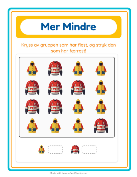 Forhåndsvisning av Mer Eller Mindre-arbeidsark med Klær for Barnehage (3-5 år)