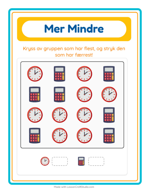 Forhåndsvisning av Mer Eller Mindre-arbeidsark med Klasserom for Barnehage (3-5 år)