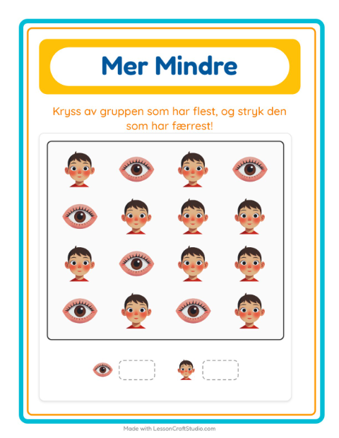 Forhåndsvisning av Mer Eller Mindre-arbeidsark med Kroppsdeler for Barnehage (3-5 år)