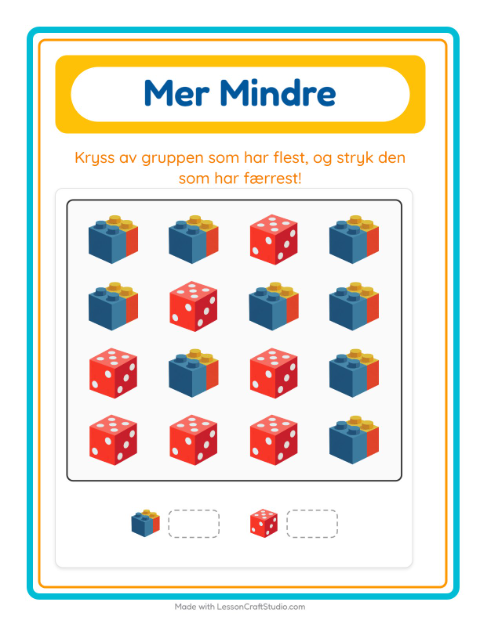 Forhåndsvisning av Mer Eller Mindre-arbeidsark med Leker for Barnehage (3-5 år)