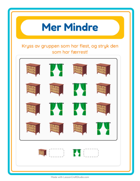Forhåndsvisning av Mer Eller Mindre-arbeidsark med Møbler for Barnehage (3-5 år)