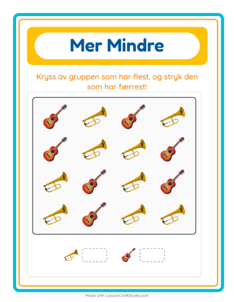 Forhåndsvisning av Mer Eller Mindre-arbeidsark med Musikk for Barnehage (3-5 år)