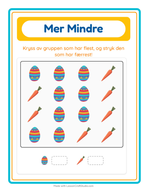 Forhåndsvisning av Mer Eller Mindre-arbeidsark med Påske for Barnehage (3-5 år)