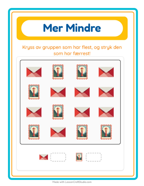 Forhåndsvisning av Mer Eller Mindre-arbeidsark med Postkontor for Barnehage (3-5 år)