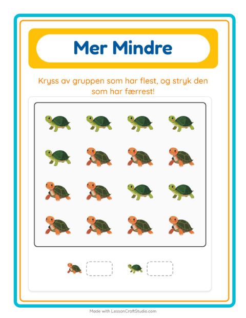 Forhåndsvisning av Mer Eller Mindre-arbeidsark med Reptiler og amfibier for Barnehage (3-5 år)