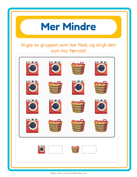 Forhåndsvisning av Mer Eller Mindre-arbeidsark med Rundt i huset for Barnehage (3-5 år)