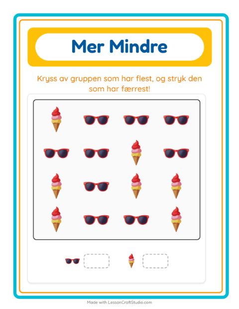 Forhåndsvisning av Mer Eller Mindre-arbeidsark med Sommer for Barnehage (3-5 år)