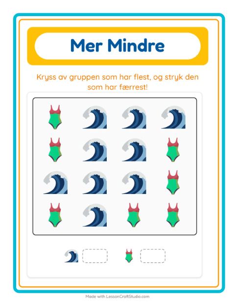 Forhåndsvisning av Mer Eller Mindre-arbeidsark med Strand for Barnehage (3-5 år)