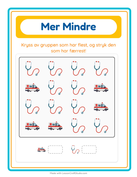 Forhåndsvisning av Mer Eller Mindre-arbeidsark med Sykehus for Barnehage (3-5 år)