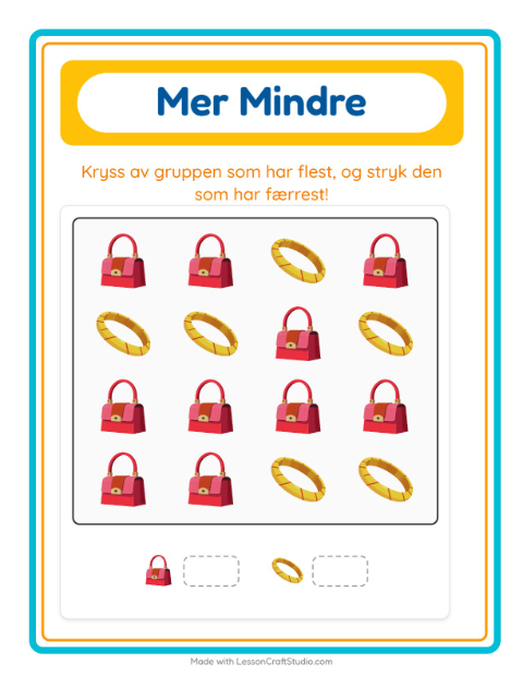 Forhåndsvisning av Mer Eller Mindre-arbeidsark med Tilbehør for Barnehage (3-5 år)