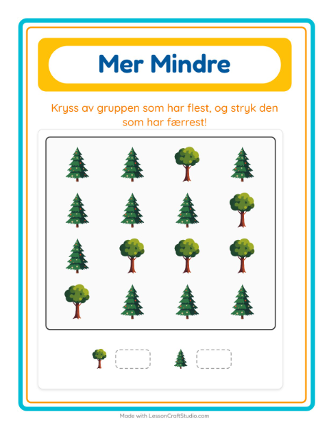 Forhåndsvisning av Mer Eller Mindre-arbeidsark med Trær for Barnehage (3-5 år)