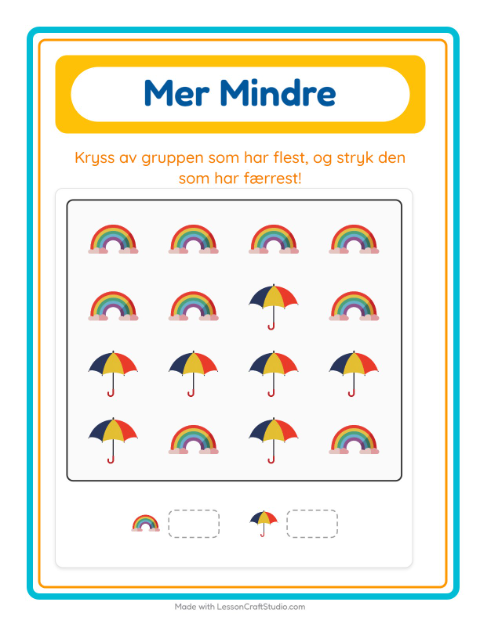 Forhåndsvisning av Mer Eller Mindre-arbeidsark med Vær for Barnehage (3-5 år)