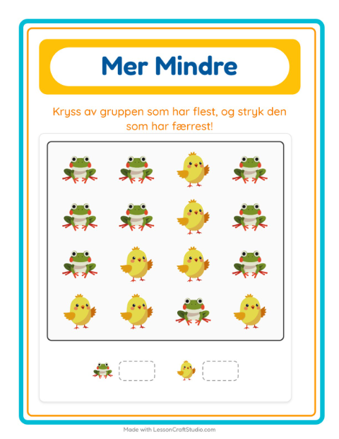 Forhåndsvisning av Mer Eller Mindre-arbeidsark med Vår for Barnehage (3-5 år)