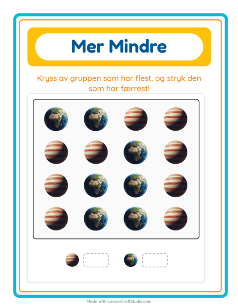 Forhåndsvisning av Mer Eller Mindre-arbeidsark med Verdensrommet for Barnehage (3-5 år)