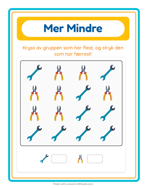 Forhåndsvisning av Mer Eller Mindre-arbeidsark med Verktøy for Barnehage (3-5 år)