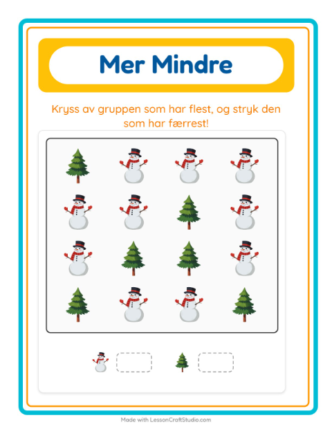 Forhåndsvisning av Mer Eller Mindre-arbeidsark med Vinter for Barnehage (3-5 år)