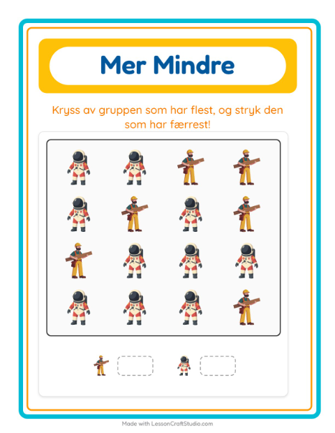 Forhåndsvisning av Mer Eller Mindre-arbeidsark med Yrker for Barnehage (3-5 år)