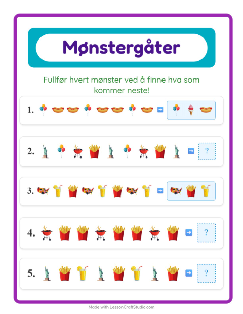 Forhåndsvisning av Mønsterark-arbeidsark med 4. juli for 1. trinn
