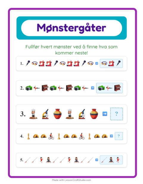 Forhåndsvisning av Mønsterark-arbeidsark med Aktiviteter for 1. trinn