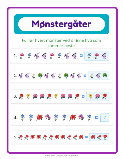Forhåndsvisning av Mønsterark-arbeidsark med Blomster for 1. trinn