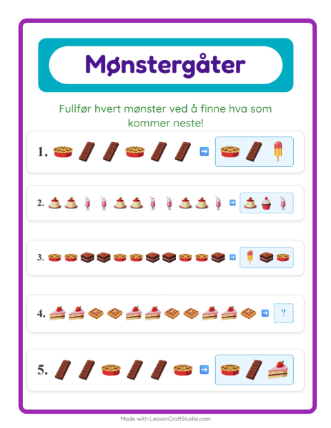 Forhåndsvisning av Mønsterark-arbeidsark med Desserter og godteri for 1. trinn