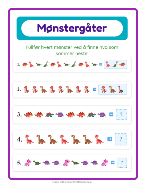 Forhåndsvisning av Mønsterark-arbeidsark med Dinosaurer for 1. trinn