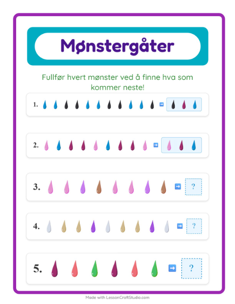 Forhåndsvisning av Mønsterark-arbeidsark med Farger for 1. trinn