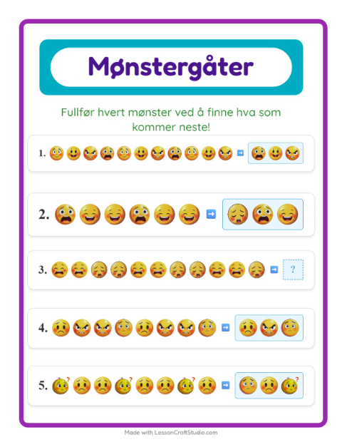 Forhåndsvisning av Mønsterark-arbeidsark med Følelser for 1. trinn
