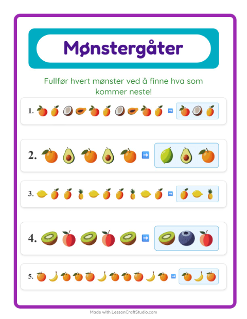 Forhåndsvisning av Mønsterark-arbeidsark med Frukter for 1. trinn