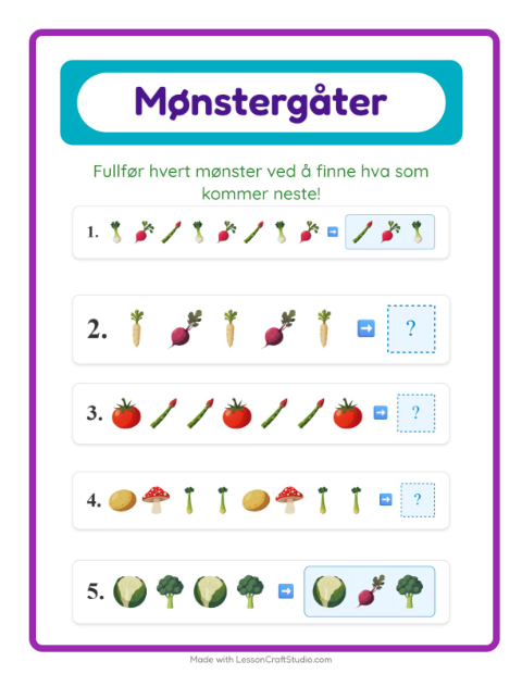 Forhåndsvisning av Mønsterark-arbeidsark med Grønnsaker for 1. trinn
