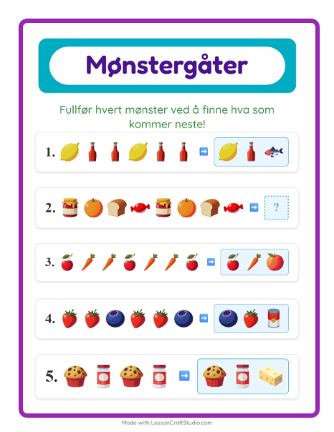 Forhåndsvisning av Mønsterark-arbeidsark med I supermarkedet for 1. trinn