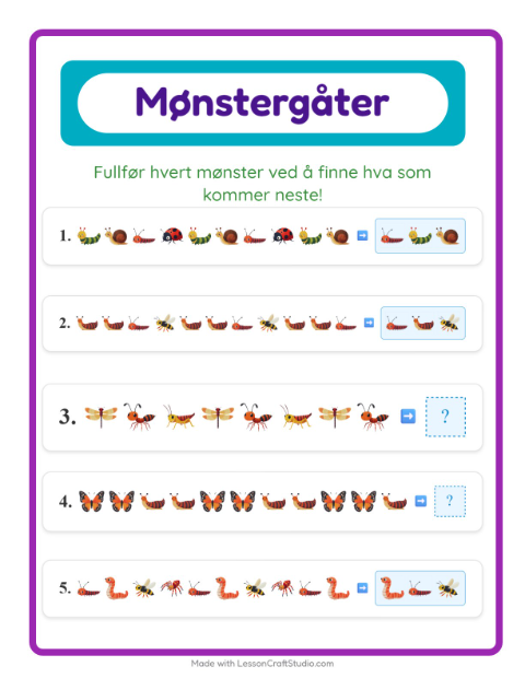 Forhåndsvisning av Mønsterark-arbeidsark med Insekter og kryp for 1. trinn